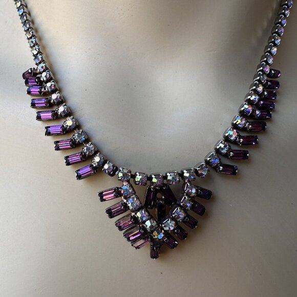 VTG 1950s Choker Necklace 15" Aurora Purple Crystal Rhinestone Earrings 1" - Picture 3 of 12